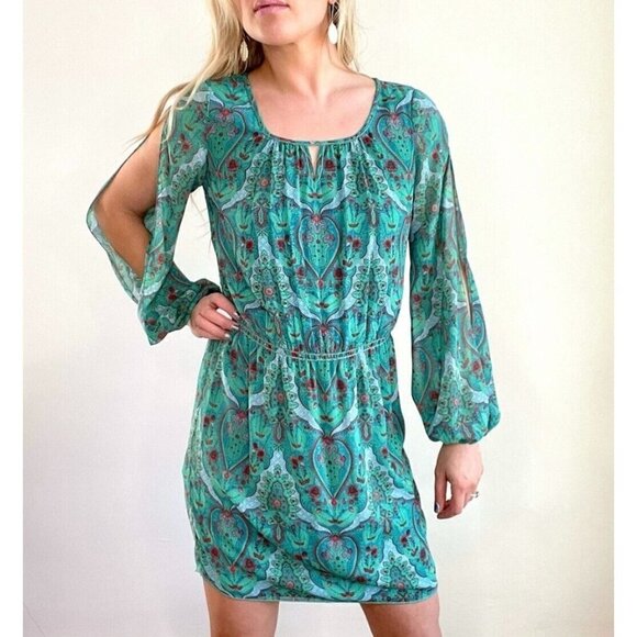 Chelsea & Violet Sz S Split Sleeve Shift Tunic Dress Blouson Paisley Print Green - Picture 2 of 13